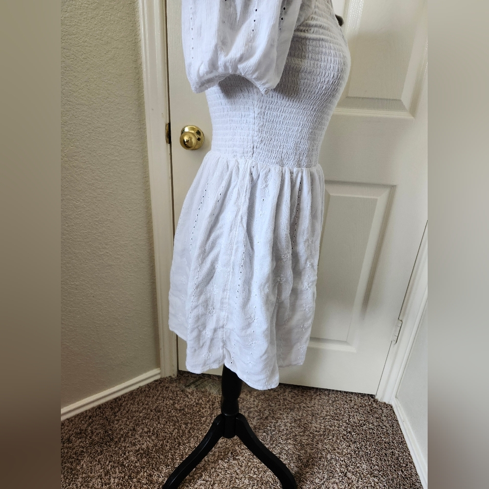 American Eagle White Smocked Puff Sleeve Embroidered Mini Dress M - Picture 12 of 15